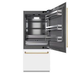 ZLINE Autograph Edition 36 in. 19.8 cu. ft. Built-In Bottom Freezer Refrigerator with Water Dispenser and Ice Maker in White Matte with Graphite Gray Interior and Polished Gold Accents (GRBITZ-WM-36-G) front, open.