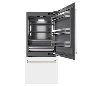 ZLINE Autograph Edition 36 in. 19.8 cu. ft. Built-In Bottom Freezer Refrigerator with Water Dispenser and Ice Maker in White Matte with Graphite Gray Interior and Polished Gold Accents (GRBITZ-WM-36-G) front, open.