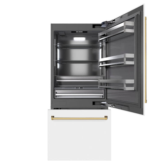 ZLINE Autograph Edition 36 in. 19.8 cu. ft. Built-In Bottom Freezer Refrigerator with Water Dispenser and Ice Maker in White Matte with Graphite Gray Interior and Polished Gold Accents (GRBITZ-WM-36-G) front, open.