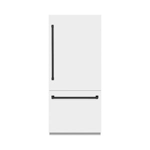 ZLINE Autograph Edition 36 in. 19.8 cu. ft. Built-In Bottom Freezer Refrigerator with Water Dispenser and Ice Maker in White Matte with Graphite Gray Interior and Matte Black Accents (GRBITZ-WM-36-MB) front, closed.
