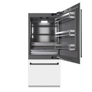 ZLINE Autograph Edition 36 in. 19.8 cu. ft. Built-In Bottom Freezer Refrigerator with Water Dispenser and Ice Maker in White Matte with Graphite Gray Interior and Matte Black Accents (GRBITZ-WM-36-MB) front, open.