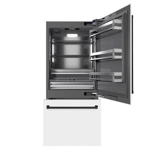 ZLINE Autograph Edition 36 in. 19.8 cu. ft. Built-In Bottom Freezer Refrigerator with Water Dispenser and Ice Maker in White Matte with Graphite Gray Interior and Matte Black Accents (GRBITZ-WM-36-MB) front, open.