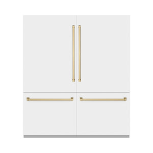 ZLINE Autograph Edition 72 in. 39.6 cu. ft. French Door Built-In Bottom Freezer Refrigerator with Water Dispensers and Ice Makers in White Matte with Graphite Gray Interior and Champagne Bronze Accents (GRBITZ-WM-72-CB) front, closed.