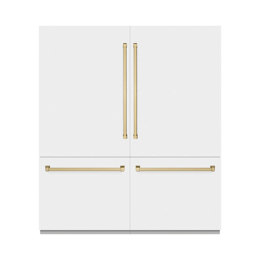 ZLINE Autograph Edition 72 in. 39.6 cu. ft. French Door Built-In Bottom Freezer Refrigerator with Water Dispensers and Ice Makers in White Matte with Graphite Gray Interior and Champagne Bronze Accents (GRBITZ-WM-72-CB) front, closed.