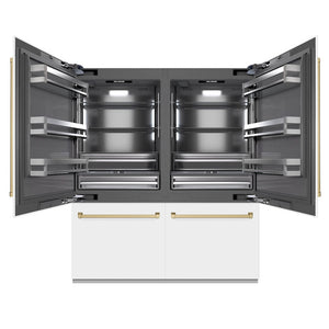 ZLINE Autograph Edition 72 in. 39.6 cu. ft. French Door Built-In Bottom Freezer Refrigerator with Water Dispensers and Ice Makers in White Matte with Graphite Gray Interior and Champagne Bronze Accents (GRBITZ-WM-72-CB) front, open.