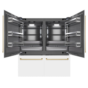 ZLINE Autograph Edition 72 in. 39.6 cu. ft. French Door Built-In Bottom Freezer Refrigerator with Water Dispensers and Ice Makers in White Matte with Graphite Gray Interior and Champagne Bronze Accents (GRBITZ-WM-72-CB) front, open.