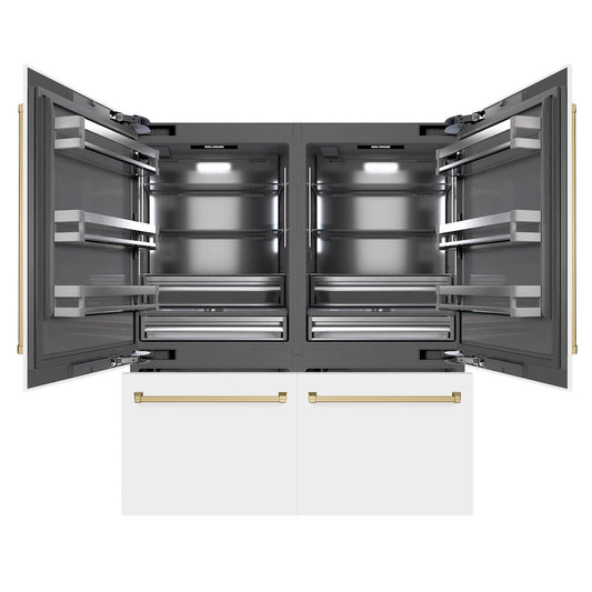 ZLINE Autograph Edition 72 in. 39.6 cu. ft. French Door Built-In Bottom Freezer Refrigerator with Water Dispensers and Ice Makers in White Matte with Graphite Gray Interior and Champagne Bronze Accents (GRBITZ-WM-72-CB) front, open.