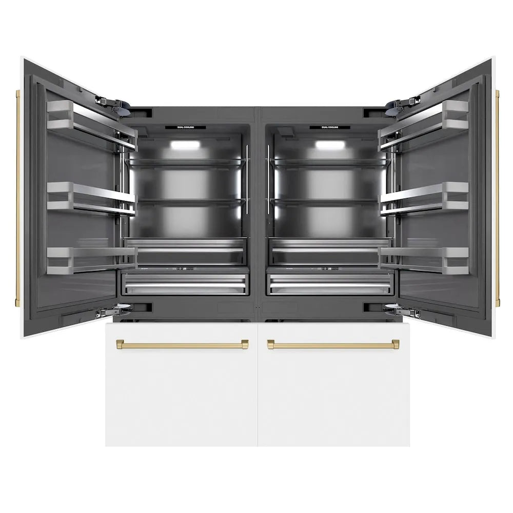 ZLINE Autograph Edition 72 in. 39.6 cu. ft. French Door Built-In Bottom Freezer Refrigerator with Water Dispensers and Ice Makers in White Matte with Graphite Gray Interior and Champagne Bronze Accents (GRBITZ-WM-72-CB) main image.