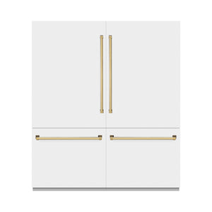 ZLINE Autograph Edition 72 in. 39.6 cu. ft. French Door Built-In Bottom Freezer Refrigerator with Water Dispensers and Ice Makers in White Matte with Graphite Gray Interior and Polished Gold Accents (GRBITZ-WM-72-G) front, closed.