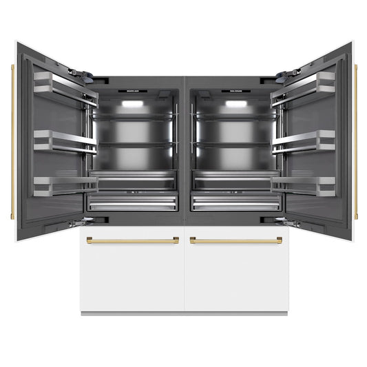 ZLINE Autograph Edition 72 in. 39.6 cu. ft. French Door Built-In Bottom Freezer Refrigerator with Water Dispensers and Ice Makers in White Matte with Graphite Gray Interior and Polished Gold Accents (GRBITZ-WM-72-G) front, open.