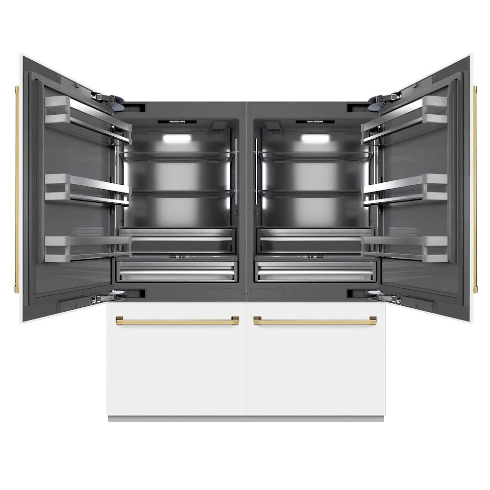 ZLINE Autograph Edition 72 in. 39.6 cu. ft. French Door Built-In Bottom Freezer Refrigerator with Water Dispensers and Ice Makers in White Matte with Graphite Gray Interior and Polished Gold Accents (GRBITZ-WM-72-G) main image.