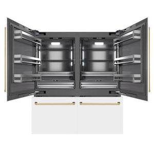 ZLINE Autograph Edition 72 in. 39.6 cu. ft. French Door Built-In Bottom Freezer Refrigerator with Water Dispensers and Ice Makers in White Matte with Graphite Gray Interior and Polished Gold Accents (GRBITZ-WM-72-G) front, open.
