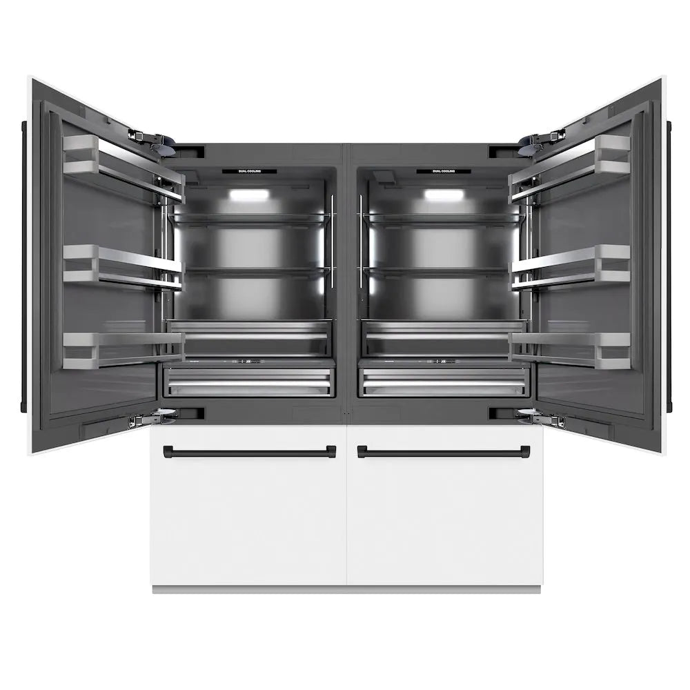 ZLINE Autograph Edition 72 in. 39.6 cu. ft. French Door Built-In Bottom Freezer Refrigerator with Water Dispensers and Ice Makers in White Matte with Graphite Gray Interior and Matte Black Accents (GRBITZ-WM-72-MB) main image.