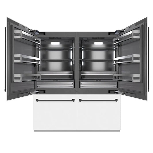 ZLINE Autograph Edition 72 in. 39.6 cu. ft. French Door Built-In Bottom Freezer Refrigerator with Water Dispensers and Ice Makers in White Matte with Graphite Gray Interior and Matte Black Accents (GRBITZ-WM-72-MB) main image.