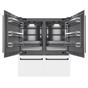 ZLINE Autograph Edition 72 in. 39.6 cu. ft. French Door Built-In Bottom Freezer Refrigerator with Water Dispensers and Ice Makers in White Matte with Graphite Gray Interior and Matte Black Accents (GRBITZ-WM-72-MB) front, open.