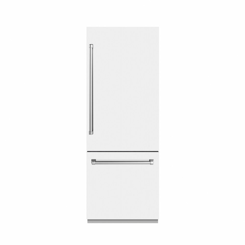 ZLINE 30 in. 16.1 cu. ft. Built-In Bottom Freezer Refrigerator with Water Dispenser and Ice Maker in White Matte with Graphite Gray Interior (GRBIV-WM-30) front, closed.