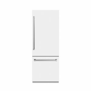 ZLINE 30 in. 16.1 cu. ft. Built-In Bottom Freezer Refrigerator with Water Dispenser and Ice Maker in White Matte with Graphite Gray Interior (GRBIV-WM-30) front, closed.