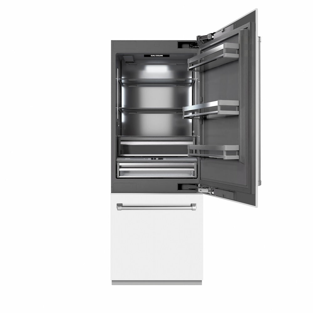ZLINE 30 in. 16.1 cu. ft. Built-In Bottom Freezer Refrigerator with Water Dispenser and Ice Maker in White Matte with Graphite Gray Interior (GRBIV-WM-30) front, refrigeration compartment open.