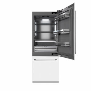 ZLINE 30 in. 16.1 cu. ft. Built-In Bottom Freezer Refrigerator with Water Dispenser and Ice Maker in White Matte with Graphite Gray Interior (GRBIV-WM-30) front, refrigeration compartment open.
