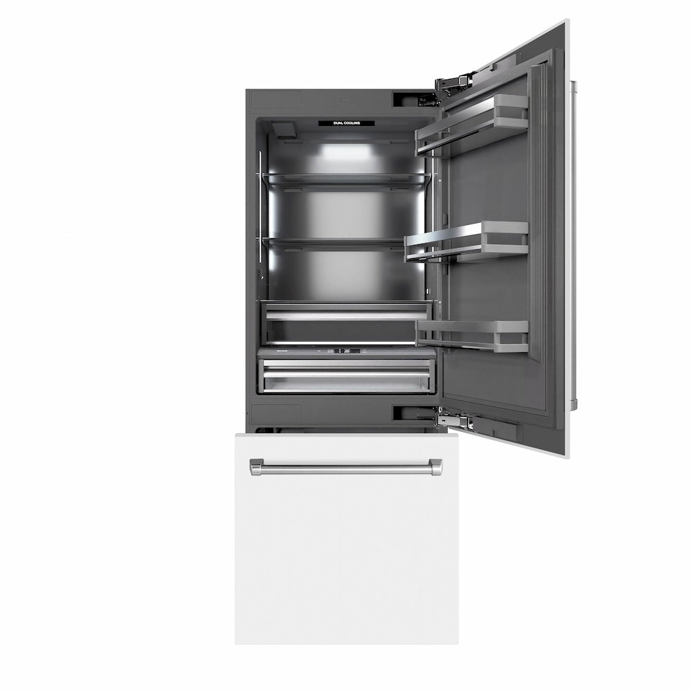 ZLINE 30 in. 16.1 cu. ft. Built-In Bottom Freezer Refrigerator with Water Dispenser and Ice Maker in White Matte with Graphite Gray Interior (GRBIV-WM-30) front, refrigeration compartment and bottom freezer open.