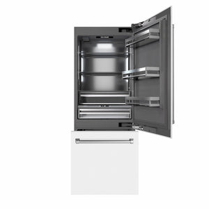 ZLINE 30 in. 16.1 cu. ft. Built-In Bottom Freezer Refrigerator with Water Dispenser and Ice Maker in White Matte with Graphite Gray Interior (GRBIV-WM-30) front, refrigeration compartment and bottom freezer open.