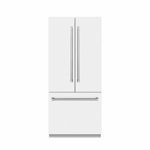 ZLINE 36 in. 19.6 cu. ft. French Door Built-In Bottom Freezer Refrigerator with Water Dispenser and Ice Maker in White Matte with Graphite Gray Interior (GRBIV-WM-36) front, closed.