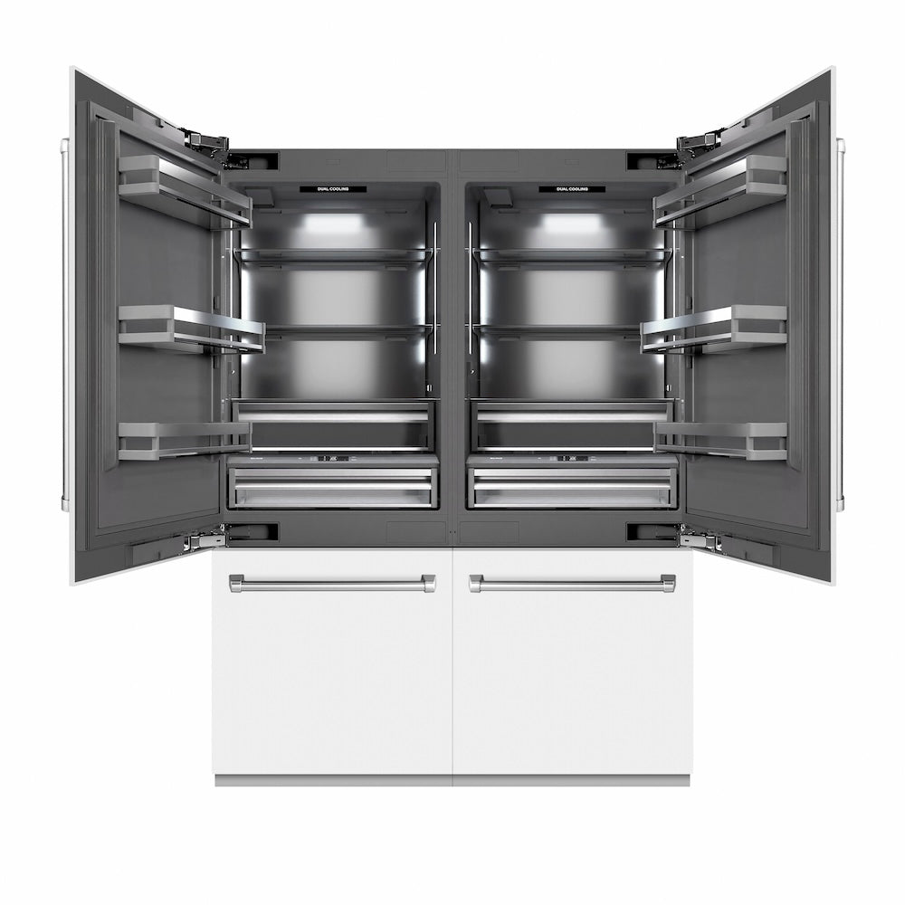 ZLINE 60 in. 32.2 cu. ft. French Door Built-In Bottom Freezer Refrigerator with Water Dispensers and Ice Makers in White Matte with Graphite Gray Interior (GRBIV-WM-60) front, refrigeration compartment open.