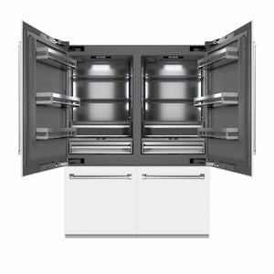 ZLINE 60 in. 32.2 cu. ft. French Door Built-In Bottom Freezer Refrigerator with Water Dispensers and Ice Makers in White Matte with Graphite Gray Interior (GRBIV-WM-60) front, refrigeration compartment open.