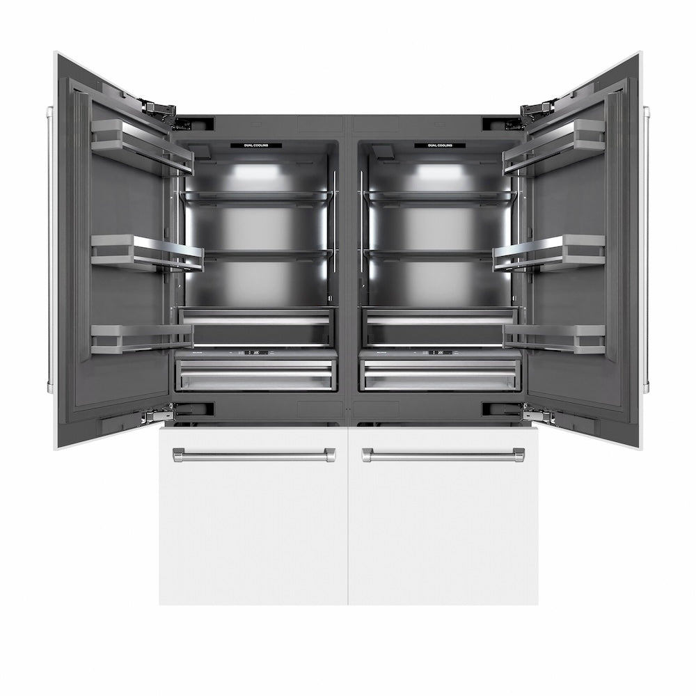 ZLINE 60 in. 32.2 cu. ft. French Door Built-In Bottom Freezer Refrigerator with Water Dispensers and Ice Makers in White Matte with Graphite Gray Interior (GRBIV-WM-60) front, refrigeration compartment and bottom freezer open.