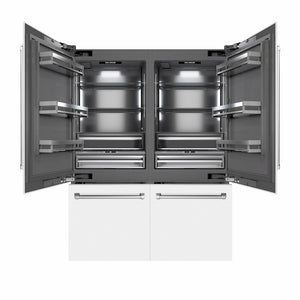 ZLINE 60 in. 32.2 cu. ft. French Door Built-In Bottom Freezer Refrigerator with Water Dispensers and Ice Makers in White Matte with Graphite Gray Interior (GRBIV-WM-60) front, refrigeration compartment and bottom freezer open.