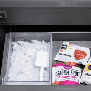 ZLINE Autograph Edition 30 in. 16.1 cu. ft. Built-In Bottom Freezer Refrigerator with Water Dispenser and Ice Maker in White Matte with Graphite Gray Interior and Champagne Bronze Accents (GRBIVZ-WM-30-CB) ice bin and scoop.