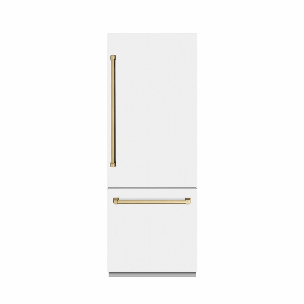 ZLINE Autograph Edition 30 in. 16.1 cu. ft. Built-In Bottom Freezer Refrigerator with Water Dispenser and Ice Maker in White Matte with Graphite Gray Interior and Champagne Bronze Accents (GRBIVZ-WM-30-CB) front, closed.
