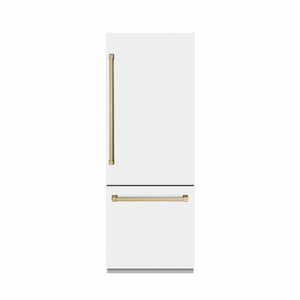ZLINE Autograph Edition 30 in. 16.1 cu. ft. Built-In Bottom Freezer Refrigerator with Water Dispenser and Ice Maker in White Matte with Graphite Gray Interior and Champagne Bronze Accents (GRBIVZ-WM-30-CB) front, closed.