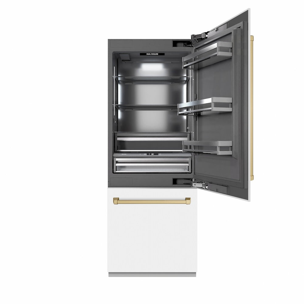 ZLINE Autograph Edition 30 in. 16.1 cu. ft. Built-In Bottom Freezer Refrigerator with Water Dispenser and Ice Maker in White Matte with Graphite Gray Interior and Champagne Bronze Accents (GRBIVZ-WM-30-CB) front, refrigeration compartment open.