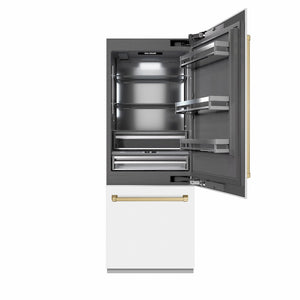 ZLINE Autograph Edition 30 in. 16.1 cu. ft. Built-In Bottom Freezer Refrigerator with Water Dispenser and Ice Maker in White Matte with Graphite Gray Interior and Champagne Bronze Accents (GRBIVZ-WM-30-CB) front, refrigeration compartment open.