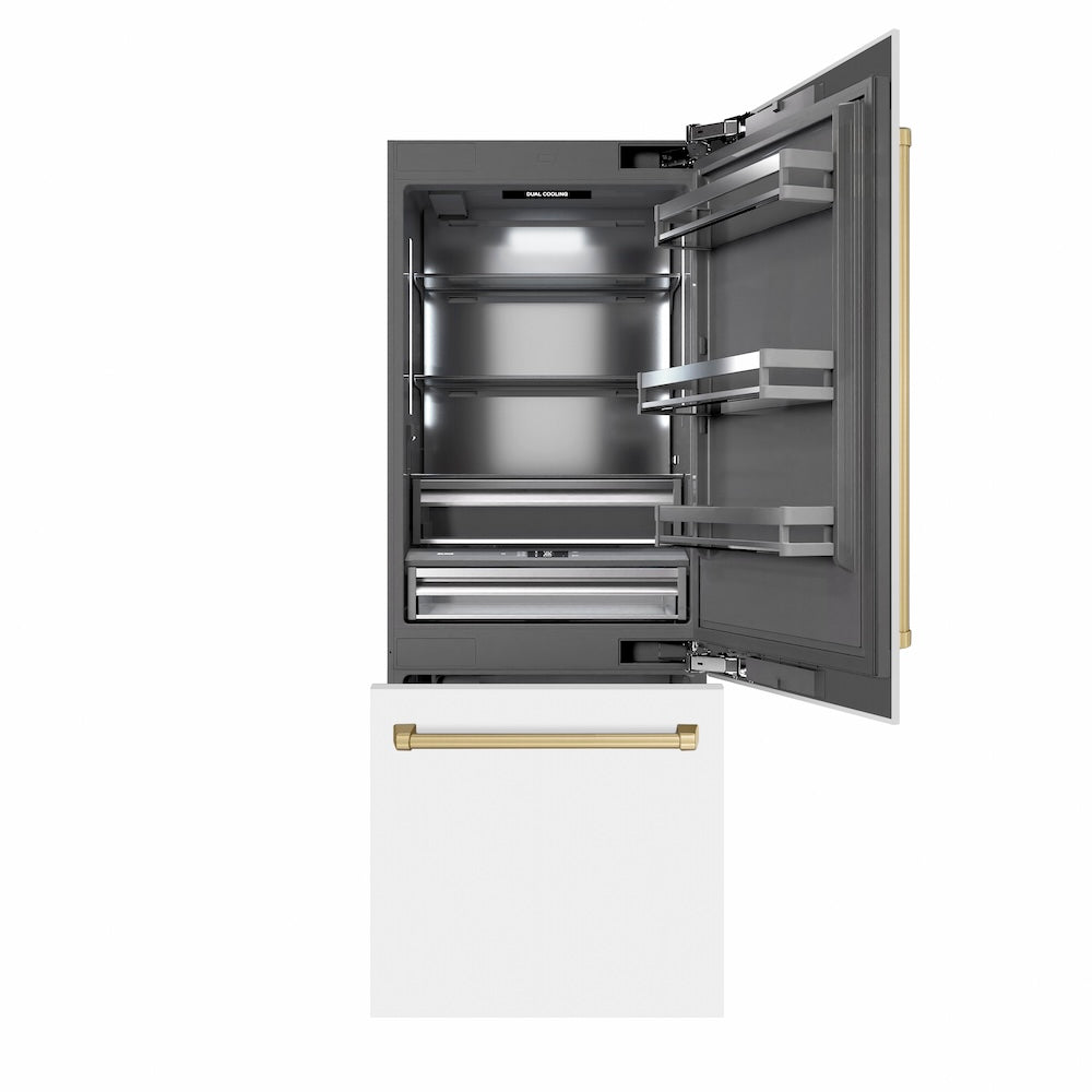 ZLINE Autograph Edition 30 in. 16.1 cu. ft. Built-In Bottom Freezer Refrigerator with Water Dispenser and Ice Maker in White Matte with Graphite Gray Interior and Champagne Bronze Accents (GRBIVZ-WM-30-CB) front, refrigeration compartment and bottom freezer open.