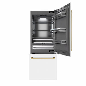 ZLINE Autograph Edition 30 in. 16.1 cu. ft. Built-In Bottom Freezer Refrigerator with Water Dispenser and Ice Maker in White Matte with Graphite Gray Interior and Champagne Bronze Accents (GRBIVZ-WM-30-CB) front, refrigeration compartment and bottom freezer open.