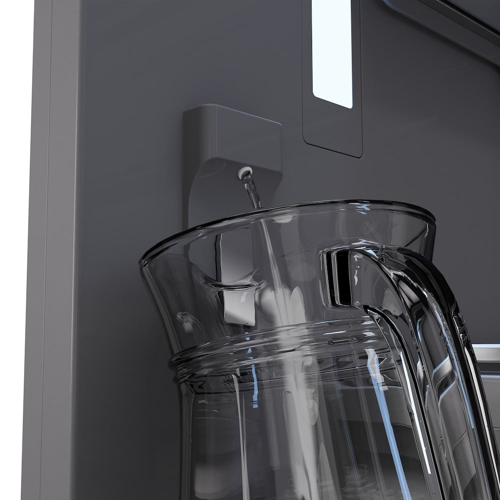 ZLINE Autograph Edition 30 in. 16.1 cu. ft. Built-In Bottom Freezer Refrigerator with Water Dispenser and Ice Maker in White Matte with Graphite Gray Interior and Champagne Bronze Accents (GRBIVZ-WM-30-CB) close-up, water being dispensed from interior dispenser.