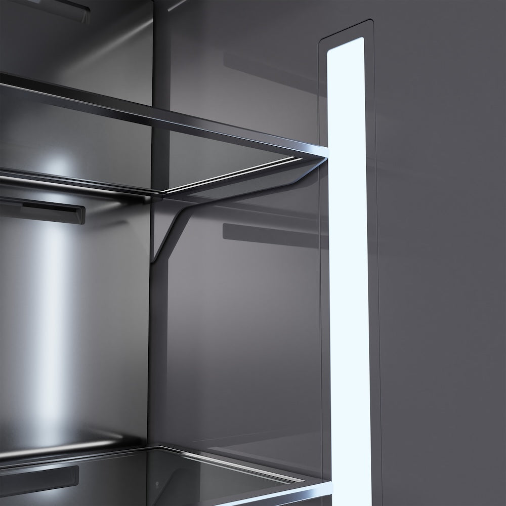 ZLINE Autograph Edition 30 in. 16.1 cu. ft. Built-In Bottom Freezer Refrigerator with Water Dispenser and Ice Maker in White Matte with Graphite Gray Interior and Polished Gold Accents (GRBIVZ-WM-30-G) close-up, interior LED lighting.