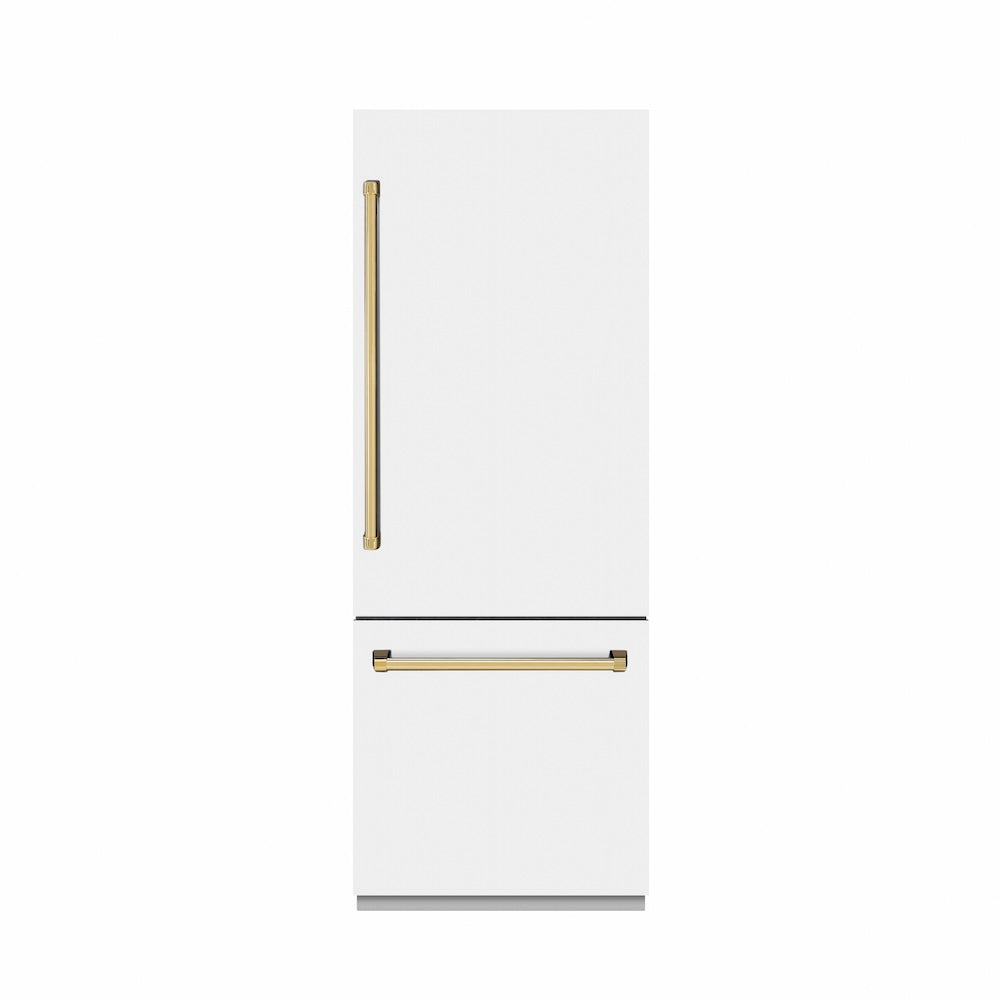 ZLINE Autograph Edition 30 in. 16.1 cu. ft. Built-In Bottom Freezer Refrigerator with Water Dispenser and Ice Maker in White Matte with Graphite Gray Interior and Polished Gold Accents (GRBIVZ-WM-30-G) front, closed.