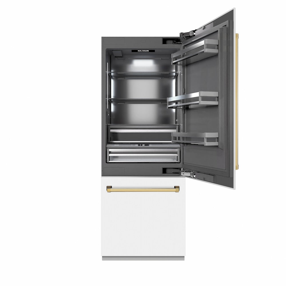 ZLINE Autograph Edition 30 in. 16.1 cu. ft. Built-In Bottom Freezer Refrigerator with Water Dispenser and Ice Maker in White Matte with Graphite Gray Interior and Polished Gold Accents (GRBIVZ-WM-30-G) front, refrigeration compartment open.