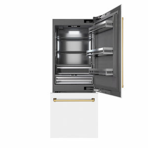 ZLINE Autograph Edition 30 in. 16.1 cu. ft. Built-In Bottom Freezer Refrigerator with Water Dispenser and Ice Maker in White Matte with Graphite Gray Interior and Polished Gold Accents (GRBIVZ-WM-30-G) front, refrigeration compartment and bottom freezer open.