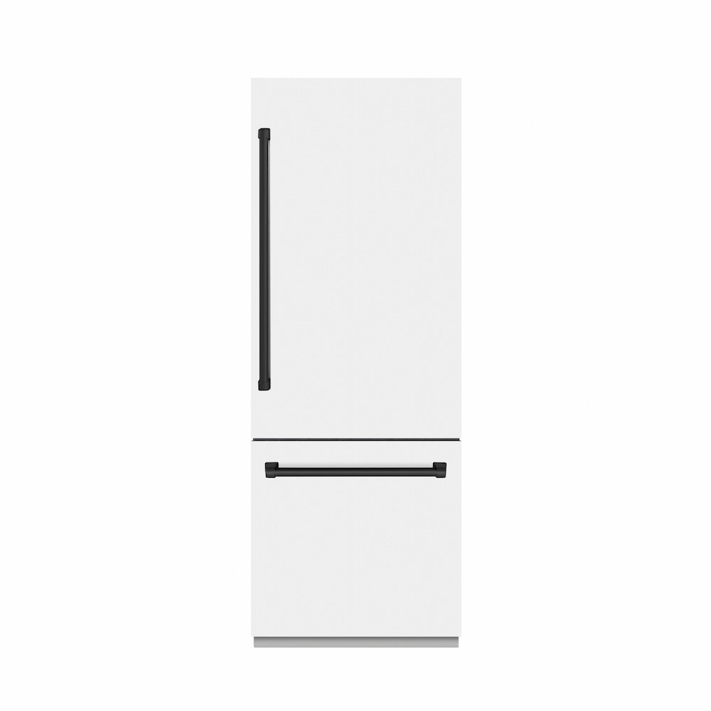 ZLINE Autograph Edition 30 in. 16.1 cu. ft. Built-In Bottom Freezer Refrigerator with Water Dispenser and Ice Maker in White Matte with Graphite Gray Interior and Matte Black Accents (GRBIVZ-WM-30-MB) front, closed.