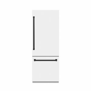 ZLINE Autograph Edition 30 in. 16.1 cu. ft. Built-In Bottom Freezer Refrigerator with Water Dispenser and Ice Maker in White Matte with Graphite Gray Interior and Matte Black Accents (GRBIVZ-WM-30-MB) front, closed.