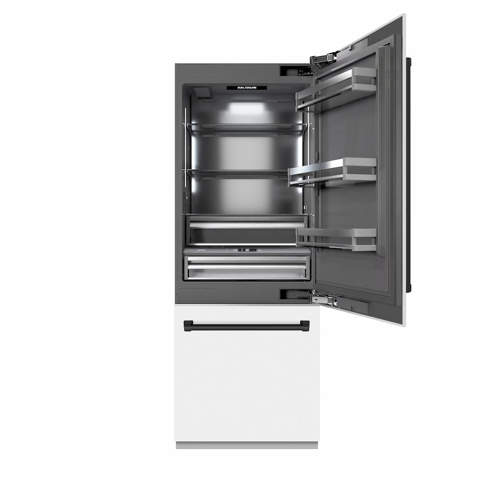 ZLINE Autograph Edition 30 in. 16.1 cu. ft. Built-In Bottom Freezer Refrigerator with Water Dispenser and Ice Maker in White Matte with Graphite Gray Interior and Matte Black Accents (GRBIVZ-WM-30-MB) front, refrigeration compartment open.