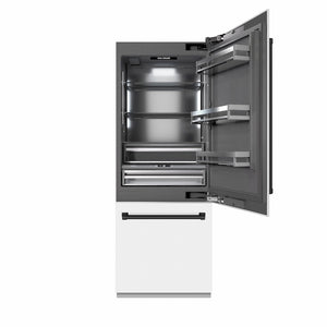 ZLINE Autograph Edition 30 in. 16.1 cu. ft. Built-In Bottom Freezer Refrigerator with Water Dispenser and Ice Maker in White Matte with Graphite Gray Interior and Matte Black Accents (GRBIVZ-WM-30-MB) front, refrigeration compartment open.
