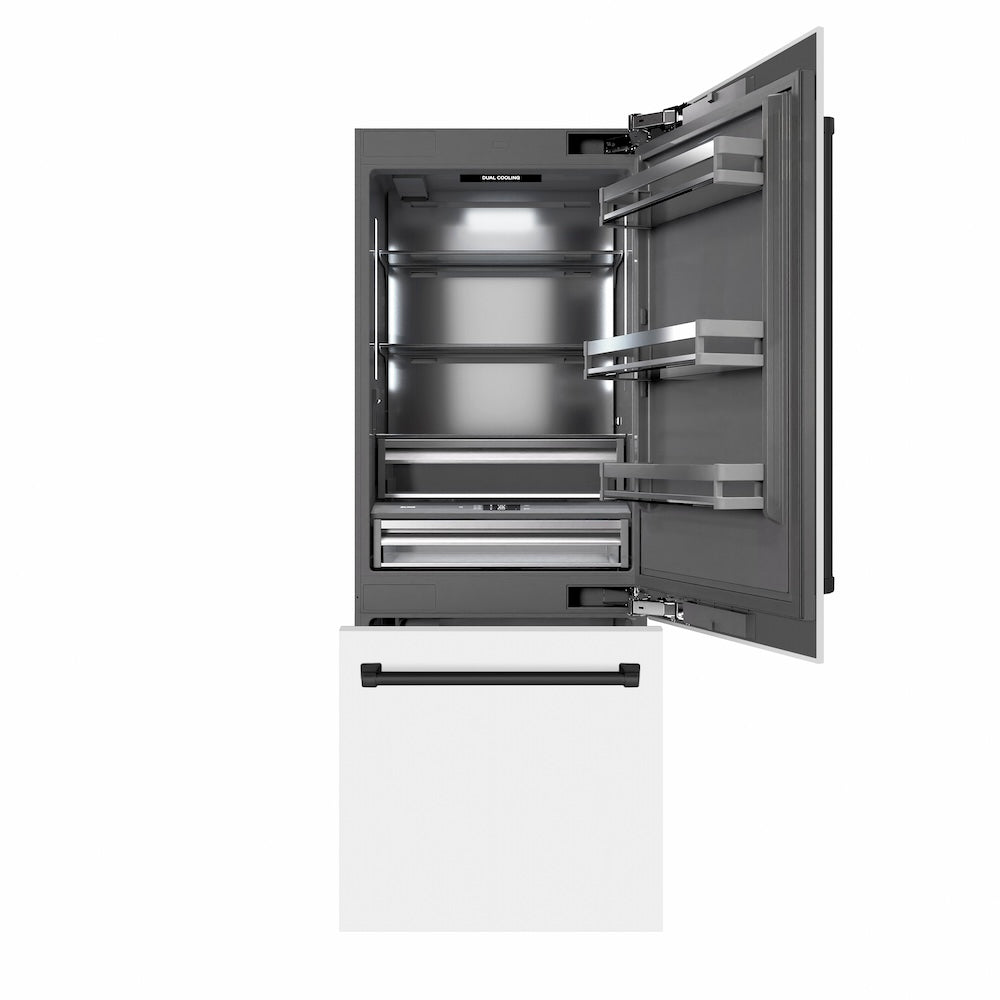ZLINE Autograph Edition 30 in. 16.1 cu. ft. Built-In Bottom Freezer Refrigerator with Water Dispenser and Ice Maker in White Matte with Graphite Gray Interior and Matte Black Accents (GRBIVZ-WM-30-MB) front, refrigeration compartment and bottom freezer open.