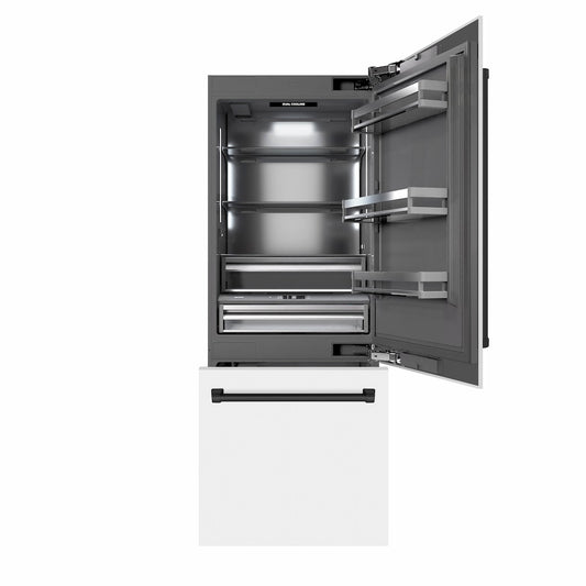 ZLINE Autograph Edition 30 in. 16.1 cu. ft. Built-In Bottom Freezer Refrigerator with Water Dispenser and Ice Maker in White Matte with Graphite Gray Interior and Matte Black Accents (GRBIVZ-WM-30-MB) front, refrigeration compartment and bottom freezer open.