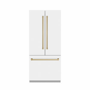 ZLINE Autograph Edition 36 in. 19.6 cu. ft. French Door Built-In Bottom Freezer Refrigerator with Water Dispenser and Ice Maker in White Matte with Graphite Gray Interior and Champagne Bronze Accents (GRBIVZ-WM-36-CB) front, closed.