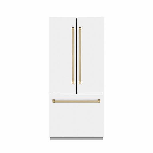 ZLINE Autograph Edition 36 in. 19.6 cu. ft. French Door Built-In Bottom Freezer Refrigerator with Water Dispenser and Ice Maker in White Matte with Graphite Gray Interior and Champagne Bronze Accents (GRBIVZ-WM-36-CB) front, closed.